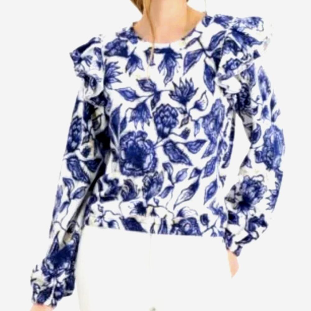 INC Intl Concepts Ruffle Shoulder French Terry Top Martina Blooms PL Petite Lg